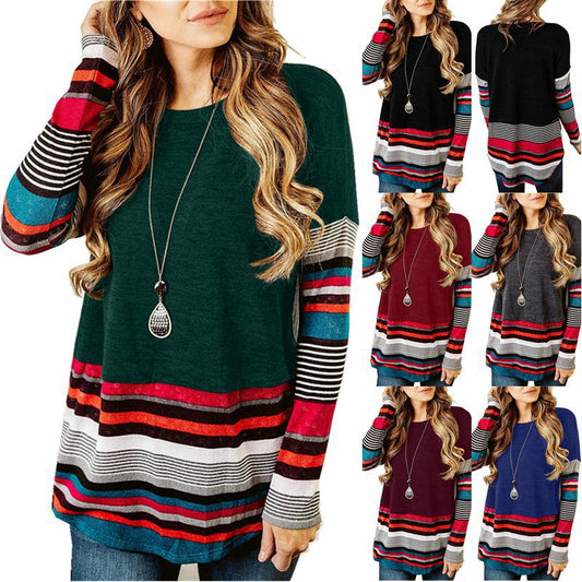 Long sleeve striped round neck T-shirt sweatshirt