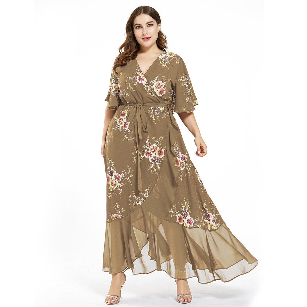 Vestido irregular dividido de moda con costuras de gasa estampada para mujer