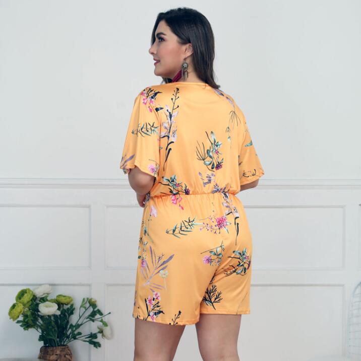 Mamelucos casuales de cintura de manga corta con estampado de V profundo para mujer