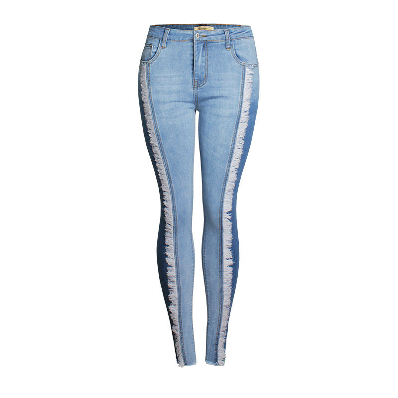 Femmes Stretch blanc glands jean avec taille haute élasticité grande taille crayons épissure Denim pantalon jean décontracté pour les filles