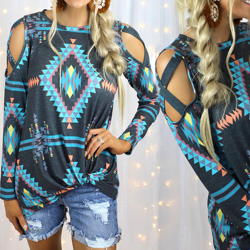 Camiseta casual suelta de manga larga con cuello redondo y hombros descubiertos