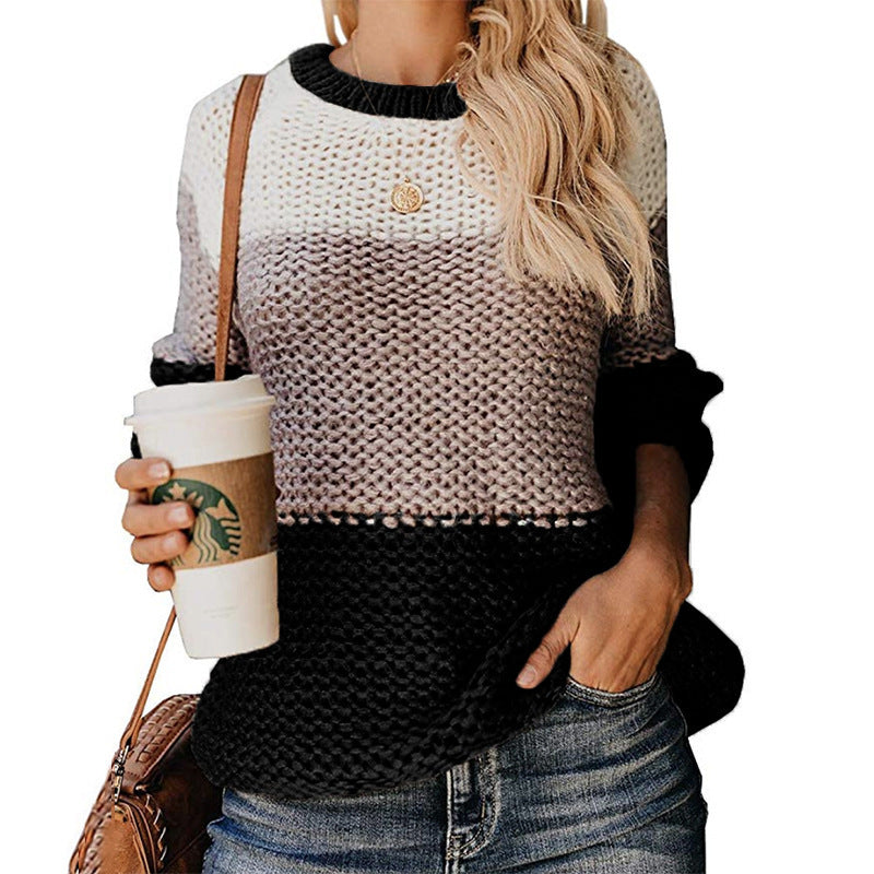 Women Thick Line Color Matching Pullover Sweater