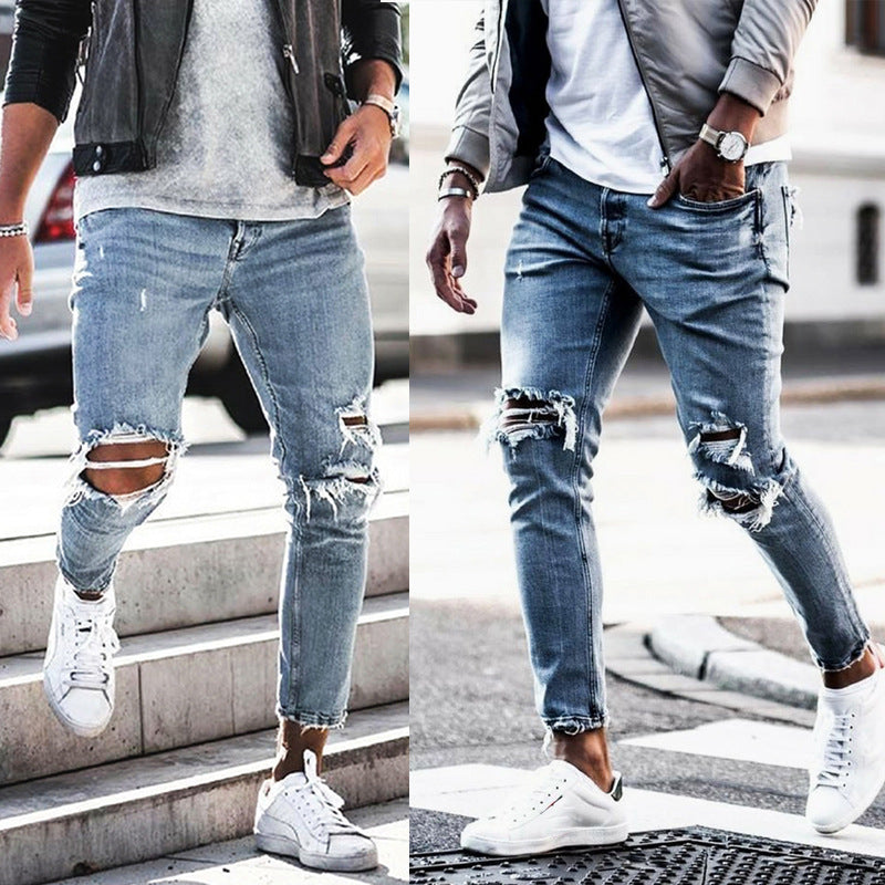 Jeans décontractés en denim déchiré pour hommes