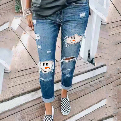 Vaqueros elásticos de denim rotos con estampado divertido de Halloween