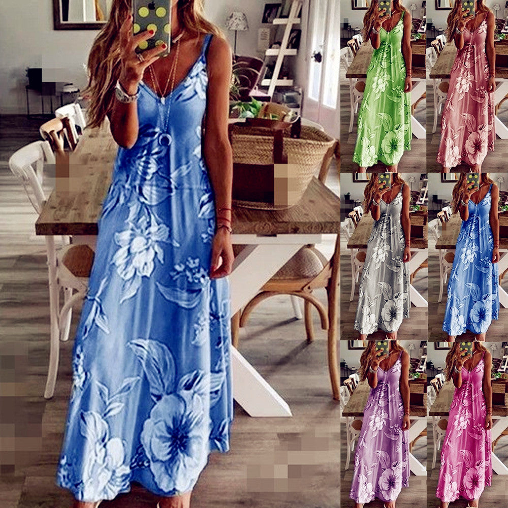 Women  Long Flower Suspender Skirt Dress