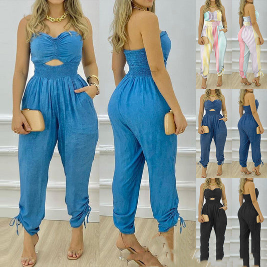 Women's New Blue Tube Top One-piece Trousers