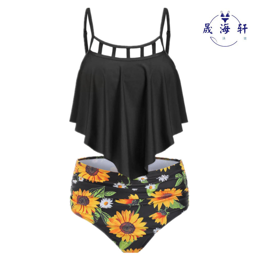 Tankini Taille Haute Imprimé Tournesols à Volants 