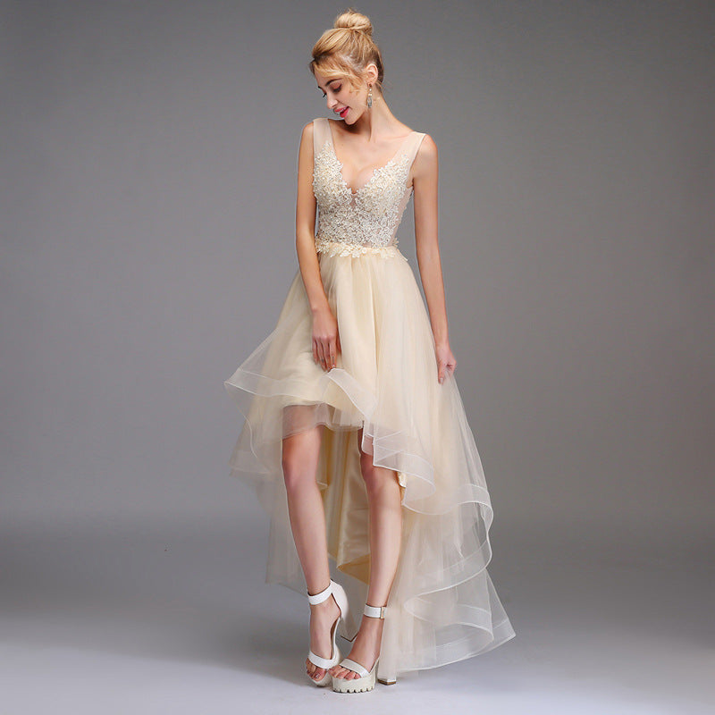 Robe de soirée annuelle mi-longue en dentelle à col en V