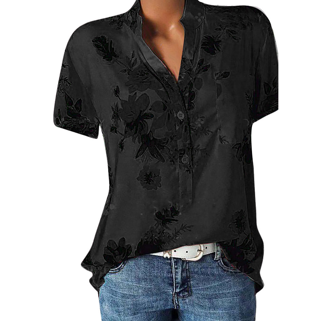 Chemise à manches courtes à col en V imprimé à la mode
