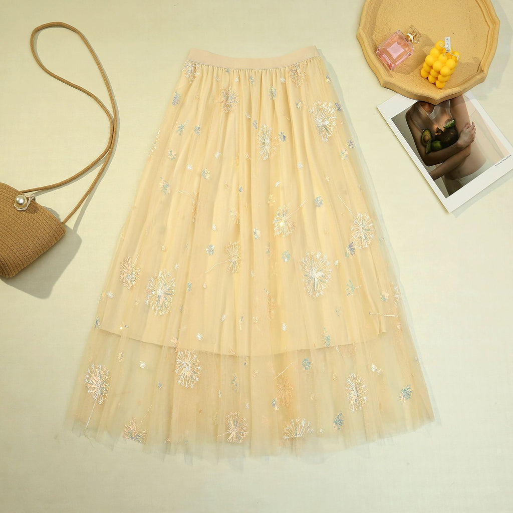 Pleated tulle skirt skirt dandelion embroidered long skirt