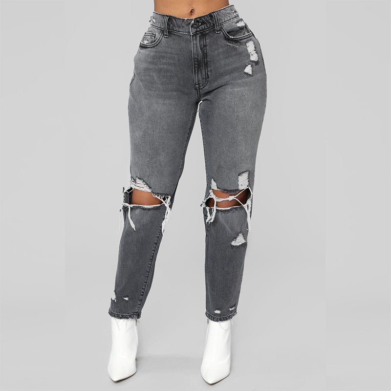 Women High Waist  Denim Elastic Stretch Gray Jeans