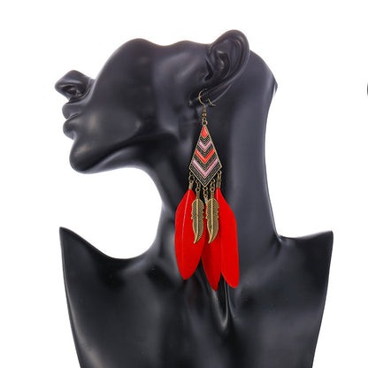 Pendientes largos de plumas con borla de hoja de diamante para accesorios bohemios femeninos 