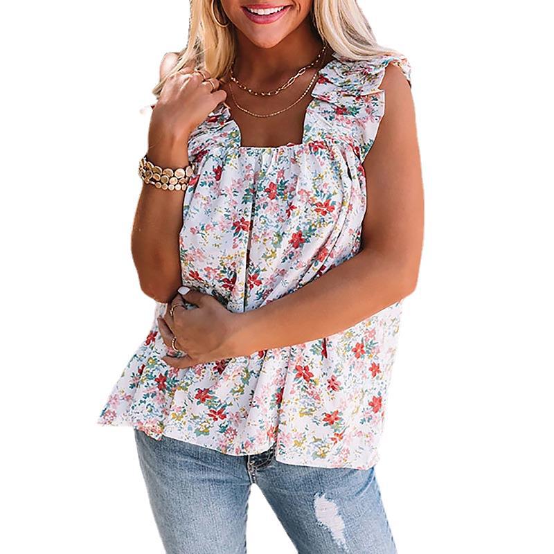 Fashion Floral Square Neck Sleeveless Casual Loose Ladies Shirt