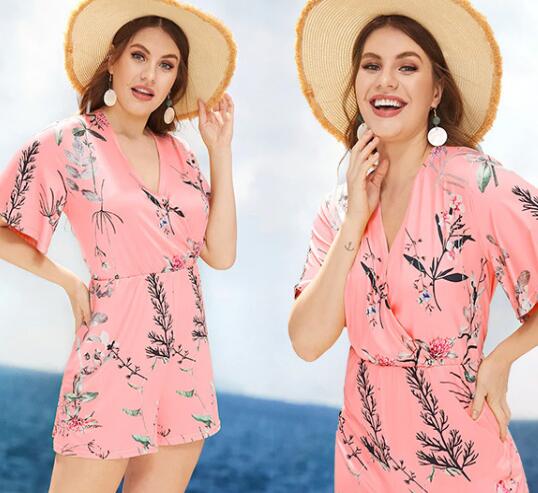 Mamelucos casuales de cintura de manga corta con estampado de V profundo para mujer