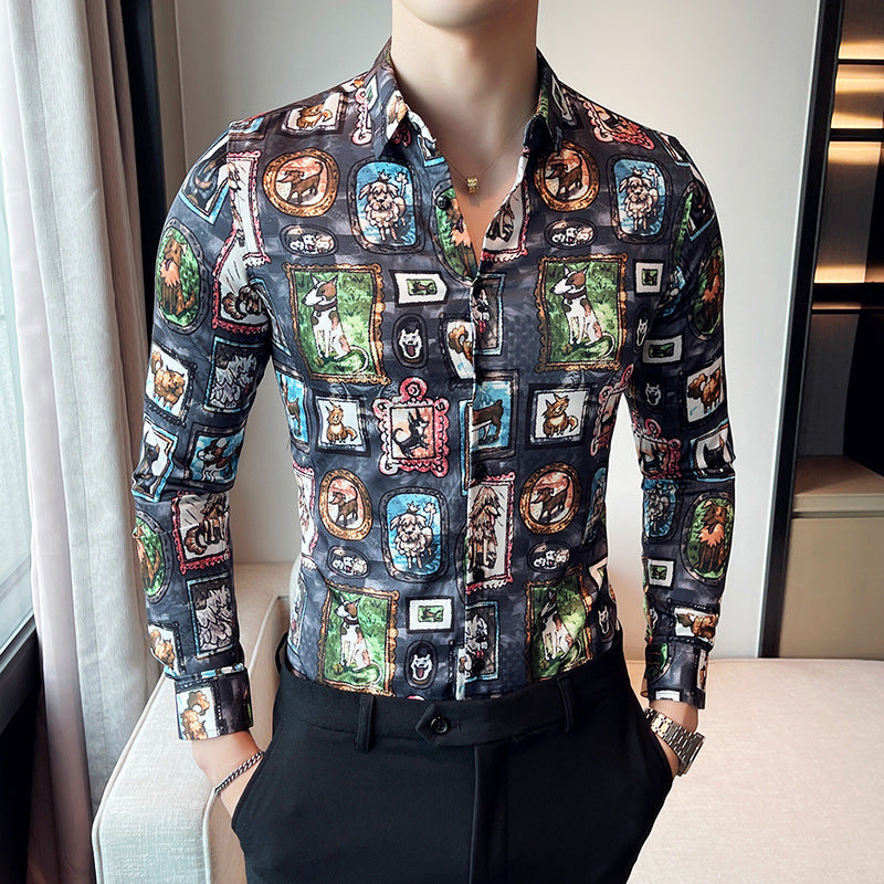 Camisa de solapa de manga larga con estampado de personalidad informal para hombre