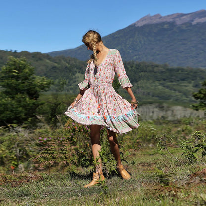 Bohemian Beach Resort Style Pleated Print Dress