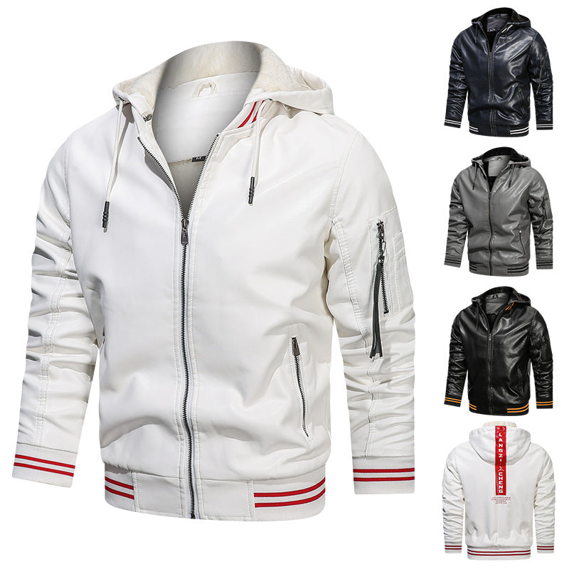 Chaqueta de hombre Spot Hooded Multi-bolsillo Chaqueta de cuero Hombres