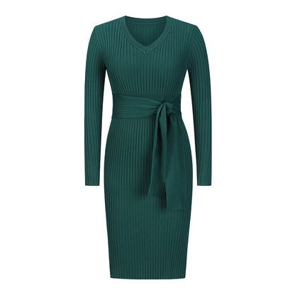 Women Long Sleeve V-Neck Slim Dress