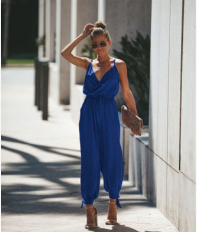 Printed Backless Tether pocket Sling V-neck Jumpsuit