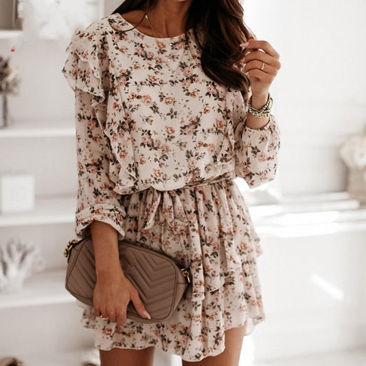 Women Print Casual Long Sleeve Floral  Party Dress