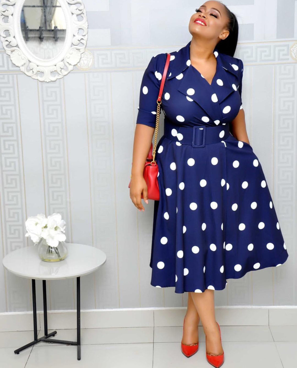 Robe Tailleur Col Pois avec Ceinture Grande Taille