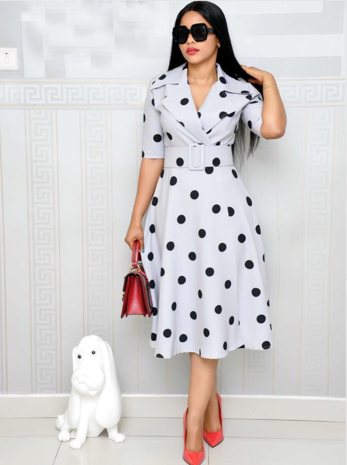 Robe Tailleur Col Pois avec Ceinture Grande Taille