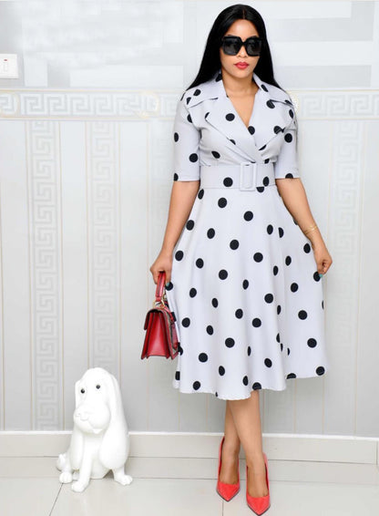 Robe Tailleur Col Pois avec Ceinture Grande Taille