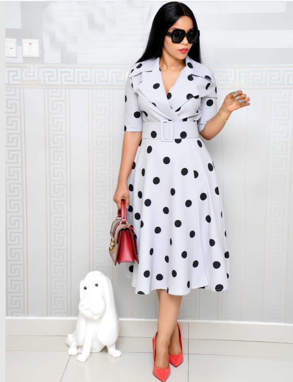 Robe Tailleur Col Pois avec Ceinture Grande Taille