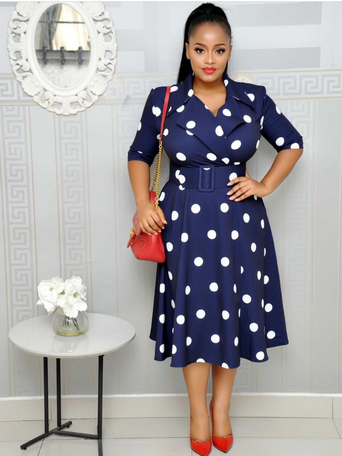 Robe Tailleur Col Pois avec Ceinture Grande Taille