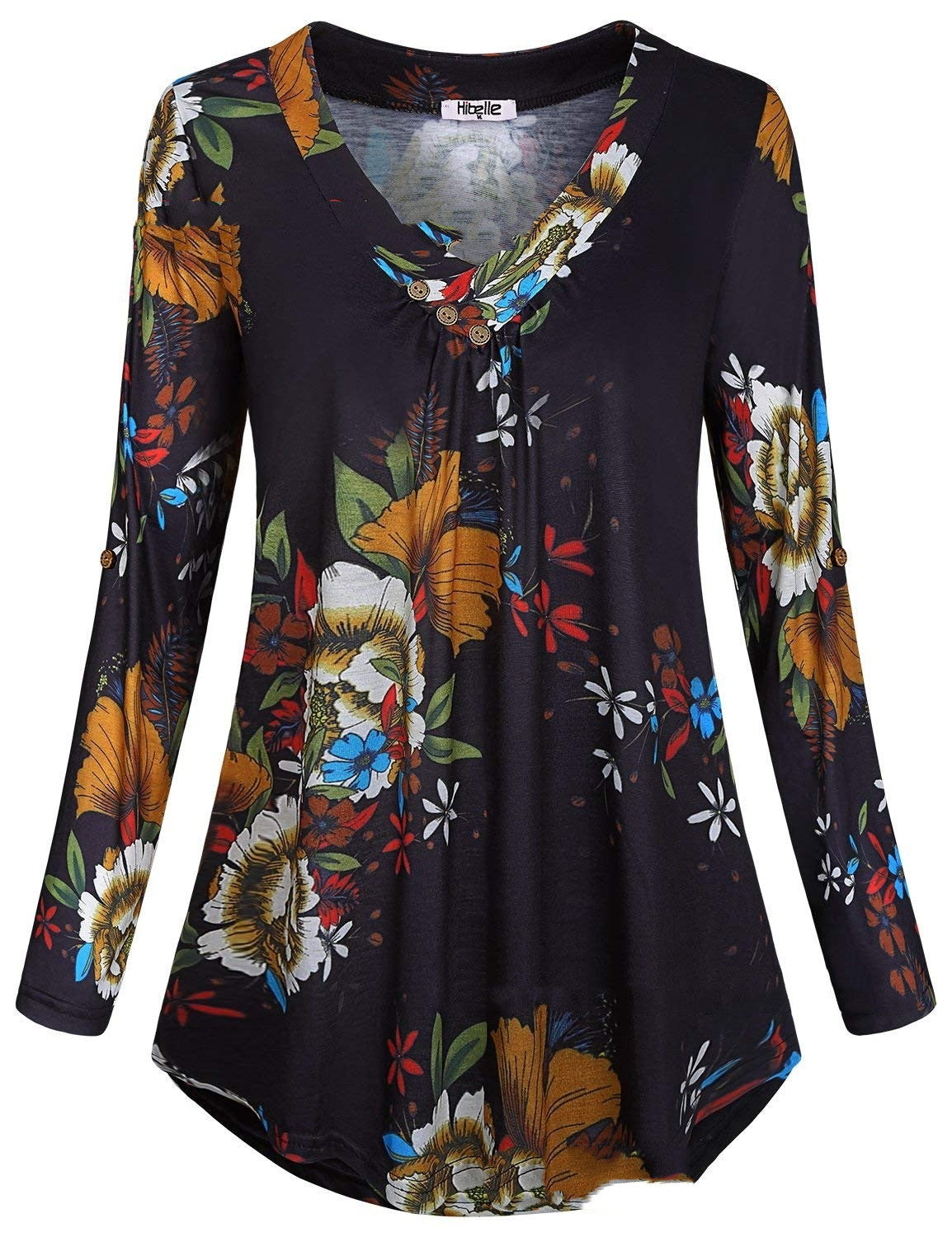 Camiseta de manga larga con cuello en V estampada para mujer de talla grande