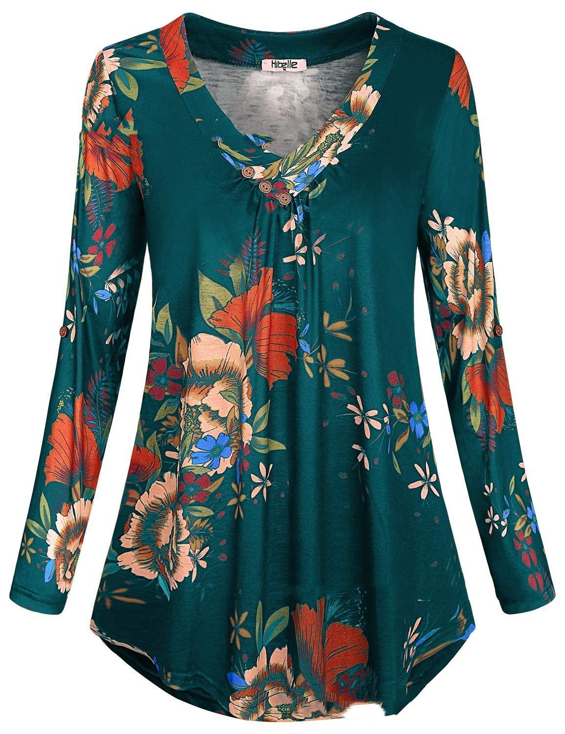 Camiseta de manga larga con cuello en V estampada para mujer de talla grande