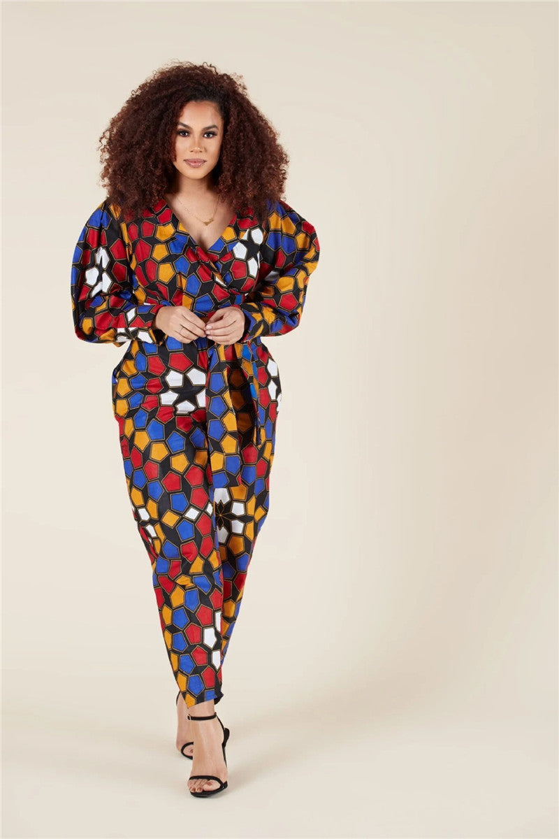 Women's V-neck Autumn Long-sleeved Jumpsuit African Style Cropped Trousers