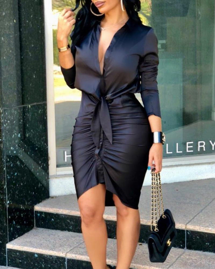 Women Lace-up Long Sleeve Midi Party Dress