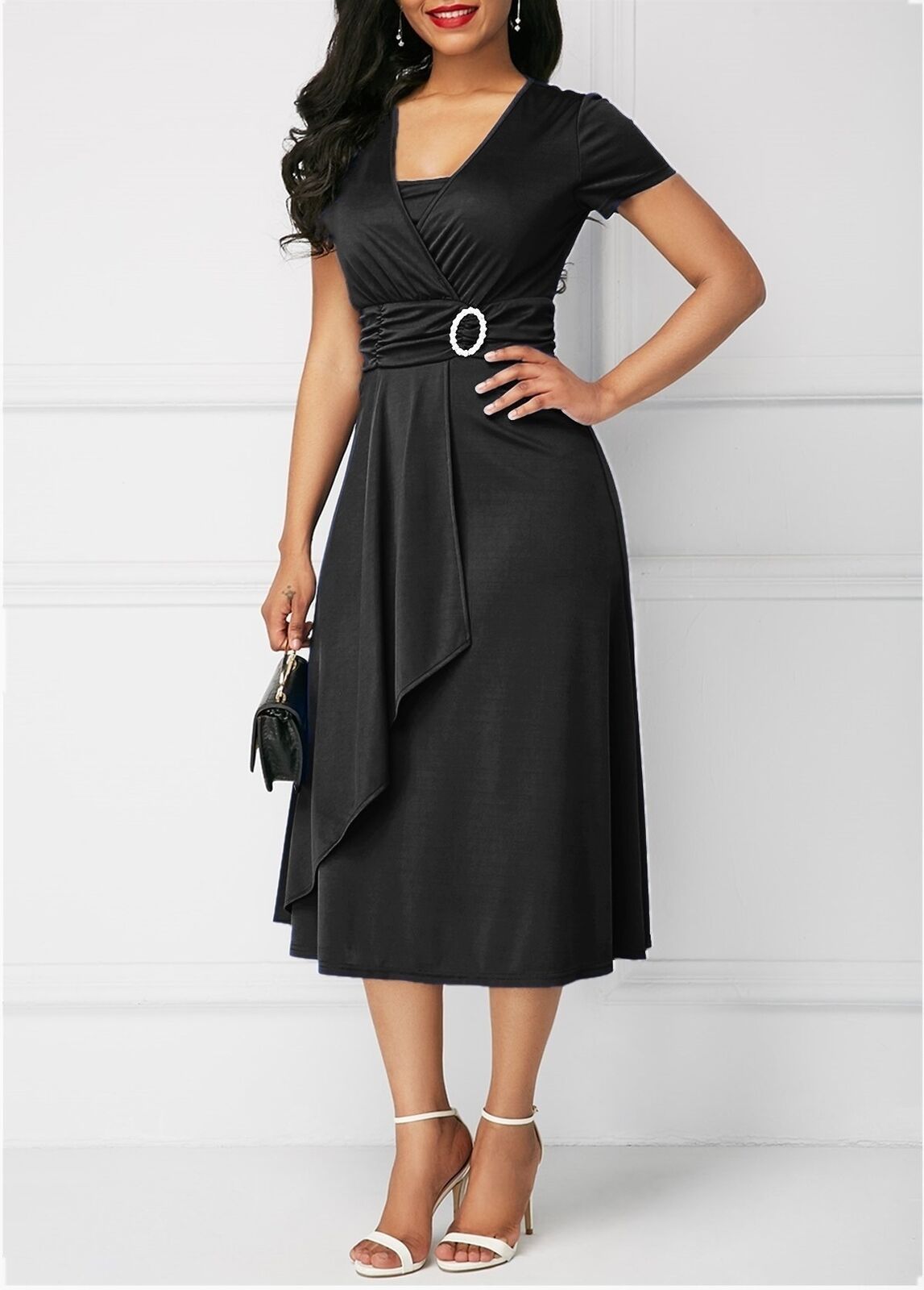 Asymmetrical V-neck Dress Women's High Waist Mid-length Solid Color Evening Dress