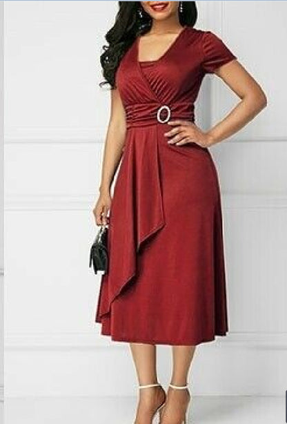 Asymmetrical V-neck Dress Women's High Waist Mid-length Solid Color Evening Dress