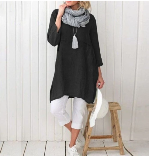 Cotton And Linen Mid-Sleeve  Blouse