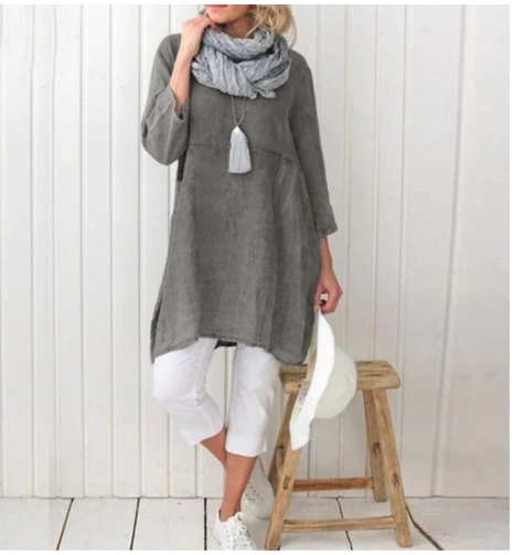 Cotton And Linen Mid-Sleeve  Blouse