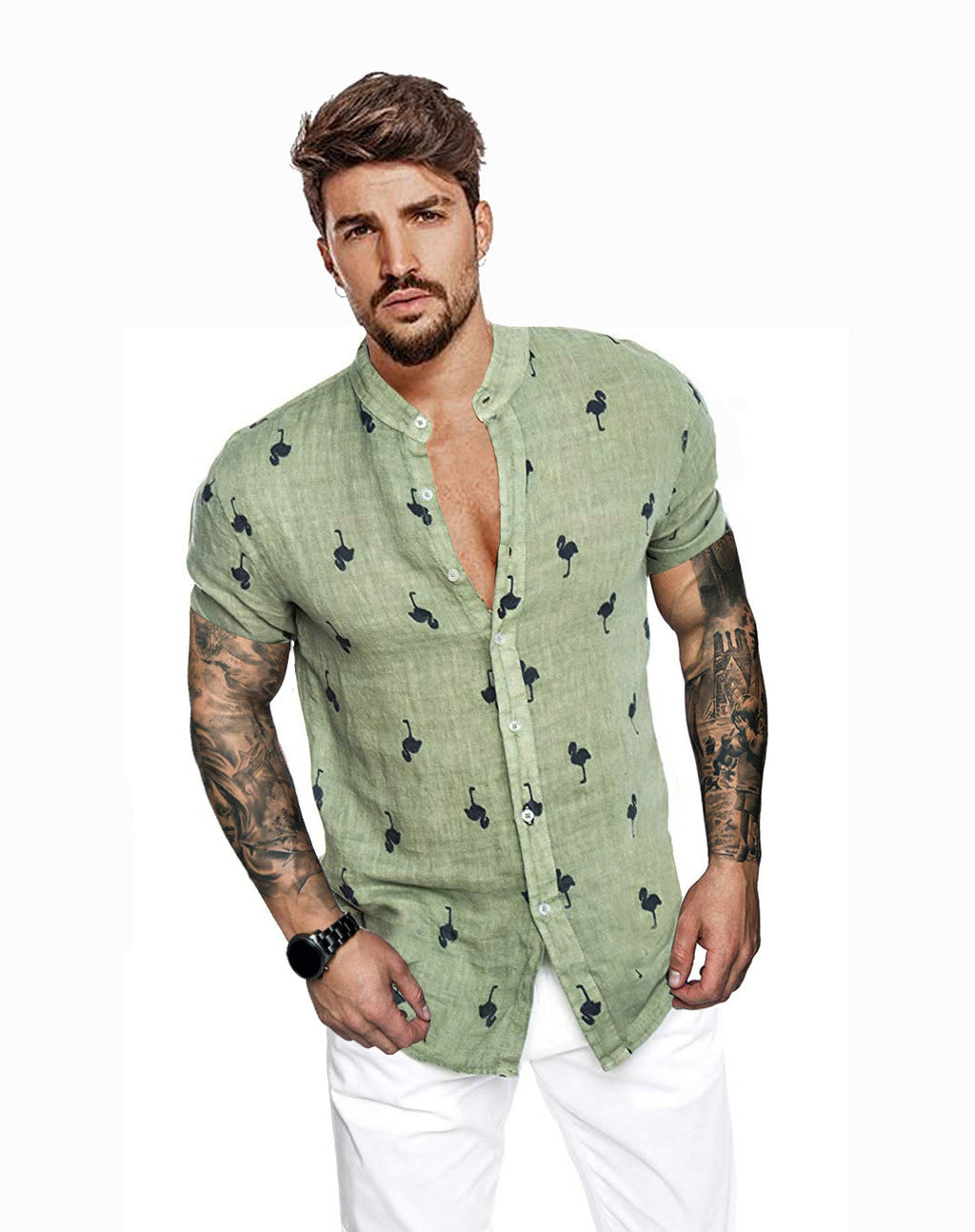 Camisa con cuello alzado de lino estampado en 3D con bloques de colores