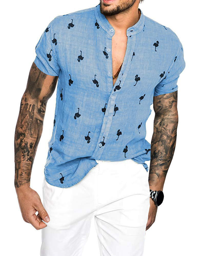 Camisa con cuello alzado de lino estampado en 3D con bloques de colores