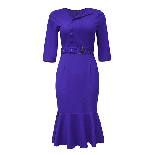 Solid Color One-row Button Ruffle Dress