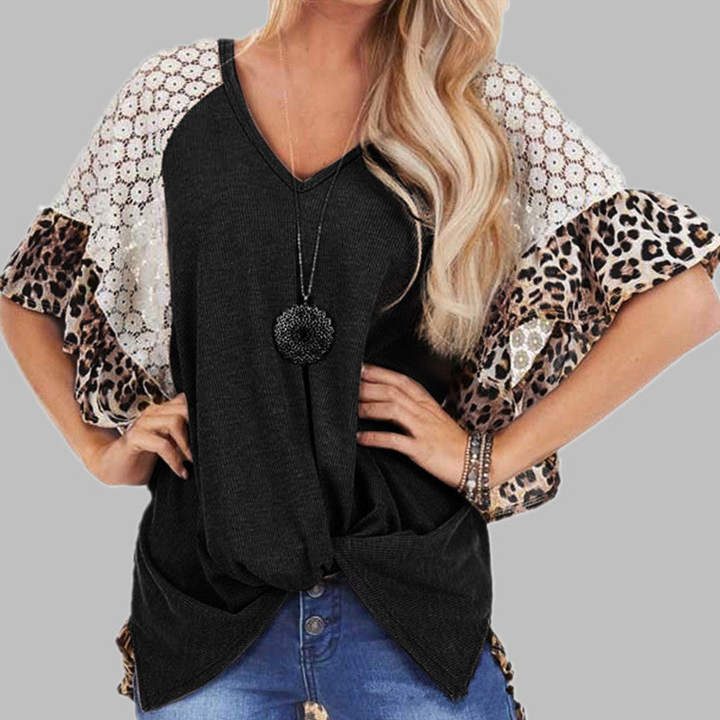 Camiseta de retales de leopardo para mujer, camisetas holgadas con cuello en V, camiseta de manga de murciélago, camiseta de manga corta de verano para mujer