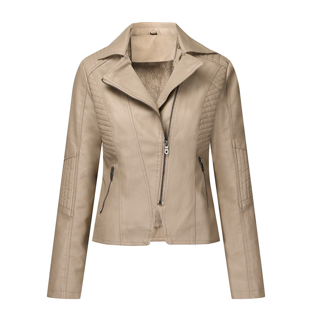 Chaqueta de cuero de felpa para mujer Chaqueta corta con cremallera oblicua para mujer Chaqueta informal