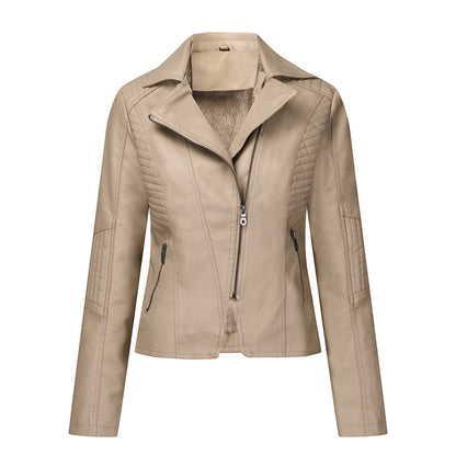 Chaqueta de cuero de felpa para mujer Chaqueta corta con cremallera oblicua para mujer Chaqueta informal