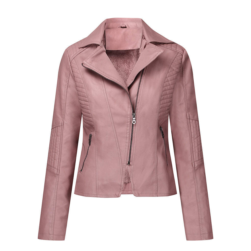 Veste en cuir en peluche pour femme Oblique Zipper Veste courte pour femme Veste décontractée