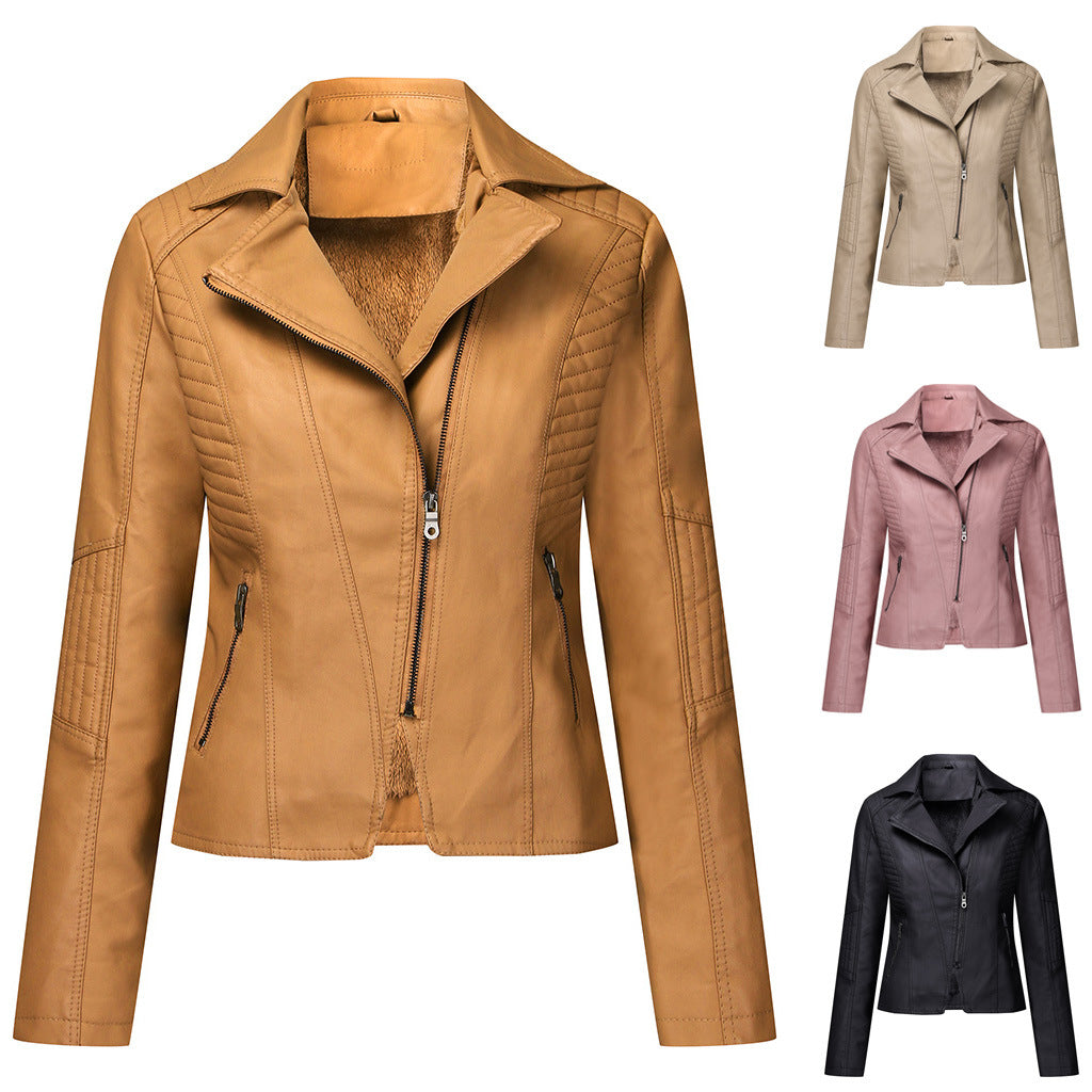 Veste en cuir en peluche pour femme Oblique Zipper Veste courte pour femme Veste décontractée