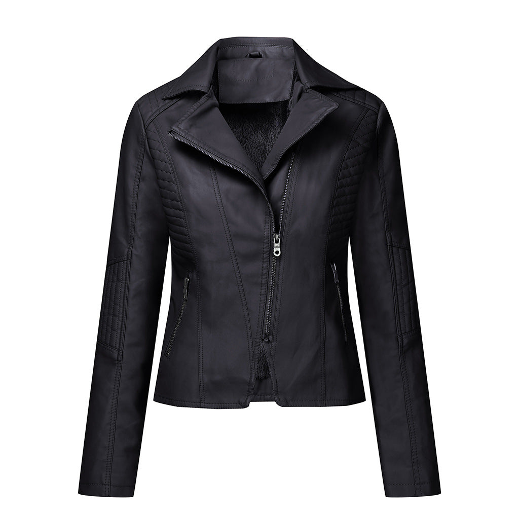 Veste en cuir en peluche pour femme Oblique Zipper Veste courte pour femme Veste décontractée