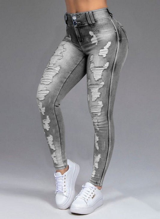 Women Ripped Holes Thin Stretch Jeans