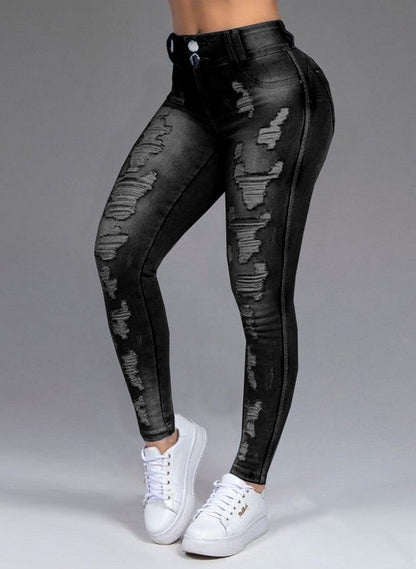 Women Ripped Holes Thin Stretch Jeans