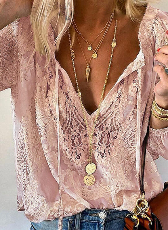 Women's Loose Printed Solid Color Lace Shirt