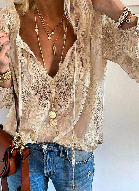 Women's Loose Printed Solid Color Lace Shirt